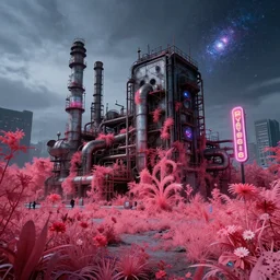 industrial architecture by peter doig, apocalyptic elysian infrared at night neon signs liberty city flowers at dusk hyperrealism junglepunk tundra reclaimed by nature cosmic gem at dawn biopunk vice city overcast venus universe dieselpunk vaporwave wilderness galactic evil matte painting, archdaily, wallpaper, highly detailed, trending on artstation.