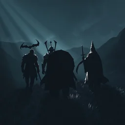 a demon a knight a samurai and a wizard walking away from the camera over a hill, depth of field, perspective, backlight, rays of shimmering light, visual novel, tones of black