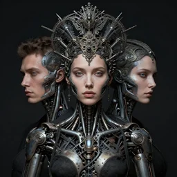 a portrait of female model by stefan geselle and nekro borja, photorealistic, biomechanical, intricate details, hyper realistic, ornate headpiece, dark beauty, photorealistic, canon r 3, photography, wide shot, photography, dark beauty, symmetrical features