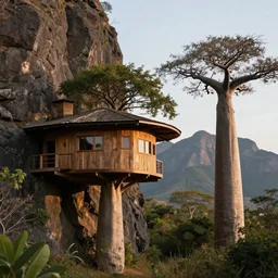 a modern treehouse on the side of a cliff in madagascar, next to an enormous mountain, baobab tree, artstation, cinematic lighting, hyper realistic, photographic, sharp focus, by greg rutkowski and aphonse mucha