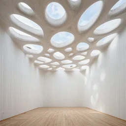 white architectural interior clad in wooden walls, wooden floor, and an white coloured organic, porous, interwoven ceiling made of white concrete. there are numerous holes in the ceiling through which the sky is visible. these holes are organic in shape, and add to the layered weaving of the white tendril like roof.