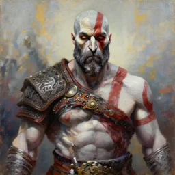god of war kratos half body detailed portrait dnd, abstract oil painting, brush strokes by gaston bussiere, craig mullins, greg rutkowski, yoji shinkawa