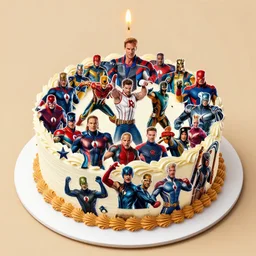 digital art, collage of marvel character photos shaped into the appearance of birthday cake