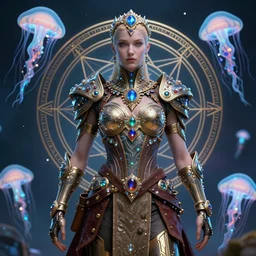 a centered render of a majestic post apocalyptic cyborg warrior wearing armour gemstones and crystals and leather clothing surrounded by bio - luminescent jellyfish and sacred geometry, perfect body and face, gorgeous, cinematic, beautifully lit, by artgerm, by karol bak, by donato giancola, by viktoria gavrilenko 3 d, trending on artstation, octane render, 8 k