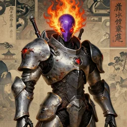 portrait of gothic and futuristic young mainem, warhammer, japan style cyber armor, a lot of scars, firerstorm, purple head, ( heart instead of eyes ), the middle ages, highly detailed, artstation, in the style of moebius, jugendstil and classic japanese print, art by jean delville