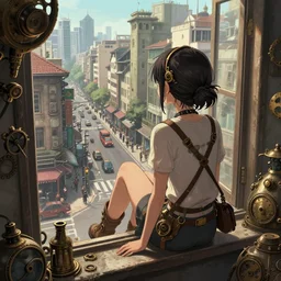 a girl sitting on a window ledge, looking out at a busy metropolise, seen from the back, in the style of greg rutkowski, anime artstyle, intricate, sharp colors, steampunk