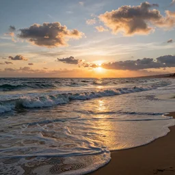 Beautiful Beach, sunset, clouds and waves, An aesthetically pleasing, dynamic, energetic, lively, complex, intricate, detailed, well-designed digital art of a beach, ripples, waves, sea foam, light and shadow, overlaid with aizome patterns, Shin-hanga by Thomas Kinkade and Bob Ross, traditional Japanese colors, superior quality, masterpiece, featured, trending, award winning, HDR, HD, UHD, 4K, 8K, anamorphic widescreen