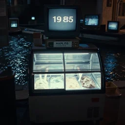 an ice cream fridge in the middle of a neapolitan ice cream river, from 1 9 8 5, bathed in the glow of a crt television, crt screens in background, low - light photograph, scene from a jj abrams movie