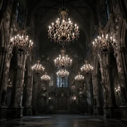 gothic hall with large chandeliers under the ceiling, horror style