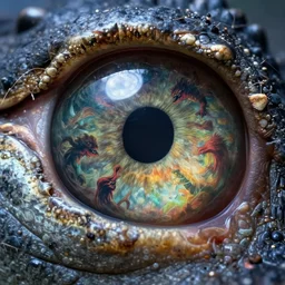 macro photography of an alligator iris which is a portal to another world, the world filled with horror anime creatures, cinematic light, highly detailed, sharp focus, high resolution, anime style