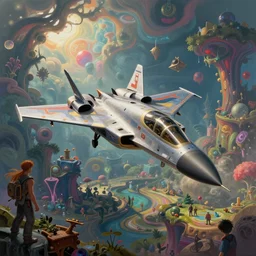a psychedelic realm hidden away in a pocket of ethereal understanding, fighter!! jet!! flying by, in the style of greg rutkowski, and wlop, and lisa frank, and bob ross, and ruan jia, illustration, epic, fantasy, hyper detailed, smooth, unreal engine, sharp focus, ray tracing