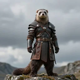 ferret warrior, furry, fantasy, viking, high detailed, photography, cloudy, lightweight leather armour, scandinavia, plain, detailed face, look into the distance, serious face, full body, in full growth, professional photographer, masterpiece, 5 0 mm, extremely detailed, 3 d render, digital, 8 k
