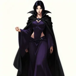 Fantasy portrait, Necromancer, female, beautiful face, dark garments, dark pruple robes, midriff, Black cloak from neck to ankles, pin-up, matte painting, by Kentaro Miura, artstation
