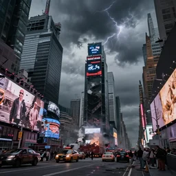 photo of an destroyed times square after a nuclear attack, thunderstorm, desolate, 8 k, uhd, artstation, award winning