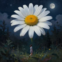 large daisy flower over head, girl walking in forest, surreal photography, dark night, stars, moon light, impressionist painting, clouds, digital painting, artstation, simon stalenhag