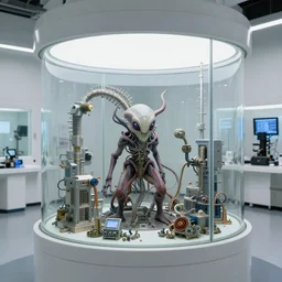 some weird hardcore procedural alien science investigation, going on in a glass chamber in a white observation room, 4 k