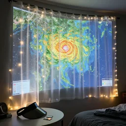 curved translucent drapes projecting detailed weathermap, pixel perfect photograph, high contrast, volumetric lighting, thin glowing lights, bedroom, visor, users, pair of keycards on table