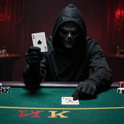 a grim reaper playing poker in hell holding up a ace of spade as card and flips over a other card, 8 k, realistic