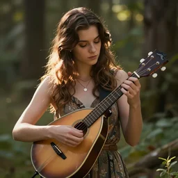 a pretty girl playing mandolin in the wilderness, HD photography