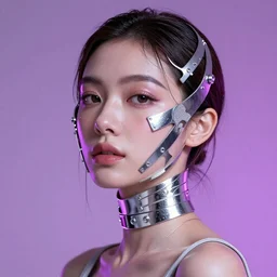 portrait of a beautiful futuristic woman layered with high-tech jewelry wrapping around her face and head, silver-magenta light