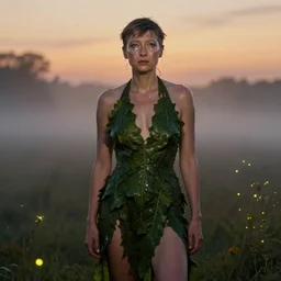 bill gates, watery crystal glow eyed, looking at the viewer, sundown misty firefly wisps,double split halter open thigh leaf dress; in the style of Lilia Alvarado, Sophie Anderson, Mark Arian, Bob Byerley, Charlie Bowater, Mark Brooks, Steve Henderson, Justin Gerard, Arthur Hughes, Edward Robert Hughes, Mark Keathley, Victor Nizovtsev, Carlos Shwabe, Ross Tran, WLOP