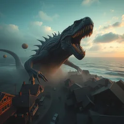 movie frame still from live action lovecraftian sea monster attacking town, 8 k, ultra wide angle, pincuchion lens effect, trending on artstation, zenith view, greg rutkowski, kim jung gi
