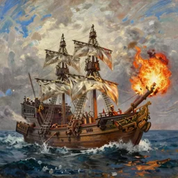 an old pirate ship destroys a royal ship with flame - throwing greek fire, masterpiece oil paint by aivazovsky