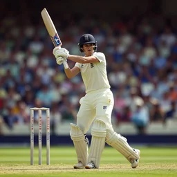 emma watson opens the batting for england at lord's cricket ground, sports photography, bokeh, dramatic, filmic