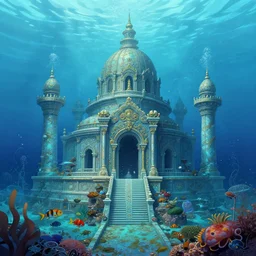 underwater sunken temple!, ocean, sea, fish, palladian, illustration, concept art, digital art, colorful, blue, detailed, realistic