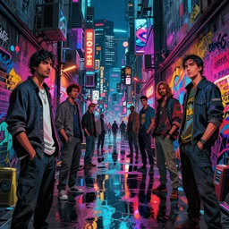 a cyberpunk alley filled with graffitii in future tokyo at night, reflections on wet ground by sachin teng and pascal blanche and alphonse mucha and nekro and josan gonzalez and rhads and ruan jia. in style of digital art. colorful comic, film noirs, symmetry, vibrating colors, hyper detailed. octane render, artstation