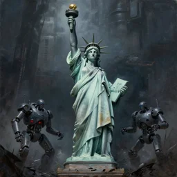grim oil painting of a destroyed statue of liberty in a dark future, robot war, thomas kinkade, trending on artstation
