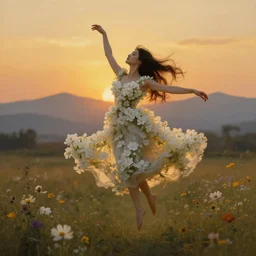 oil painting portrait of a young woman with long dark flowing hair in a dress made of white flowers, dancing levitating floating over a field of flowers at sunset with mountains in the background, hazy, digital art, chiaroscuro, artstation, cinematic, golden hour, digital art painting by greg rutkowski, bouguereau, hazy atmosphere, flowers, cinematic lighting