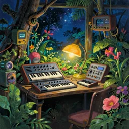 Small desk at night with many synthesizers desklamp inside a steampunk machine room with lush vegetation growing around the machines, tropical trees, large leaves, flowers, beautiful starry night sky through the windows, beatifully lit, colorful, vivid colors, very detailed painting, hyperrealism, magical, vintage science fiction illustration, Studio Ghibli, Rebecca Guay