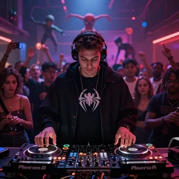 2 djs playing music in front of a crowd , art in the style of arcane, spiderverse, highly detailed, trending on artstationhq, cinematic