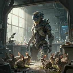 extremely detailed portrait of a biopunk laboratory seen from within the sunny window, artstation, cinematic, by greg rutkowski, overrun by rabbits, devastated