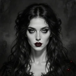 highly detailed oil painting | very intricate | cinematic lighting | black, white and blood color scheme, dark background | portrait of a exquisite beautiful vampire girl with long elegant tangles of black hair, beautiful piercing eyes, gothic fog ambience, hyper realistic head, fantasy victorian art, in the style of greg rutkowski, zdizslaw beksinski, intricate, alphonse mucha, hyper detailed, smooth