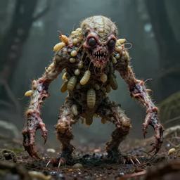 a humanoid monster composed of larvae, realistic, creepy, award winning photography, disgusting, disquieting