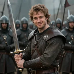 cinematic artwork of a random twitch streamer in front of a medieval army, holding his sword with a slight smile on his face by greg rutowski, 4 k, masterpiece