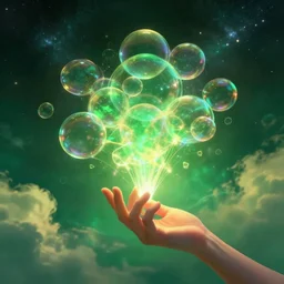a high quality artwork, human hand holding a bunch of soap bubbles in a cosmic space full of stars and clouds, volumetric light, green and yellow colors, digital art, artstation
