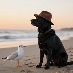 hyperrealism a black dog in a brown hat and looking at a seagull, sitting on the beach, sunset