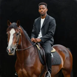 painting portrait of tyler the creator sitting on a horse behind a black background, realistic, elegant, 4 k, hd.