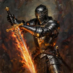 An oil painting of a fantasy knight in dark metal armor wielding a flaming sword