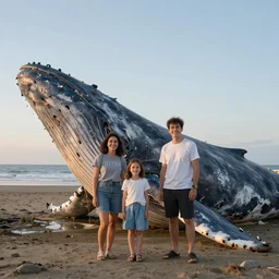 family photograph in front of a decaying beached whale, dawn light, high resolution, dramatic