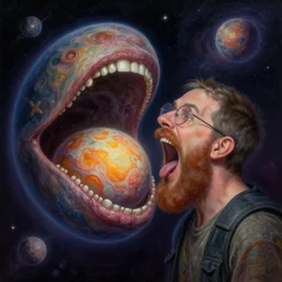 ted allen from chopped with giant mouth eating a planet, cosmic horror painting, elegant intricate digital painting artstation concept art by mark brooks and brad kunkle detailed