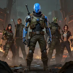 cell shaded full body image of a cybernetic blue bald soldier with glowing blue eyes as Borderlands 3 concept art, llustration, post grunge, concept art by josan gonzales and wlop, by james jean, Victo ngai, David Rubín, Mike Mignola, Laurie Greasley, highly detailed, sharp focus,alien,Trending on Artstation, HQ, deviantart, art by artgem