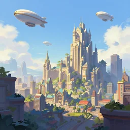 a city in the style of piltover from arcane, blimps in the sky, blue skies, soft clouds, trending on artstation