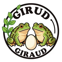 a Giraud logo with two toads, eggs, a vine and eyes