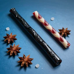 a piece of black licorice on a blue background, long strands of shiny candy, twizzlers, chewable, sugar, anise, fennel, aromatic, chesley bonestell, vincent di fate