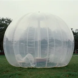 a strange huge translucent pvc inflated organic architecture building by anish kapoor sits on the grass, film still from the movie directed by denis villeneuve with art direction by zdzisław beksinski, close up, telephoto lens, shallow depth of field