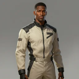 Portrait of a black man by Greg Rutkowski, he is about 30 years old, short hair, manly, attractive, smart looking, tall and slim, he is wearing a utilitarian beige and black jumpsuit, highly detailed portrait, scifi, digital painting, artstation, concept art, smooth, sharp foccus ilustration, Artstation HQ
